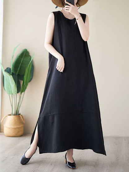 xakxx A-Line Loose Solid Color Round-Neck Midi Dresses