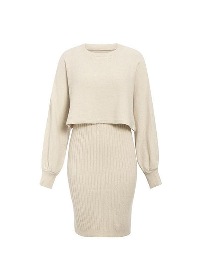 xakxx Long Sleeves Solid Color Round-Neck Sweater Top + Inner Dress Two Pieces Set