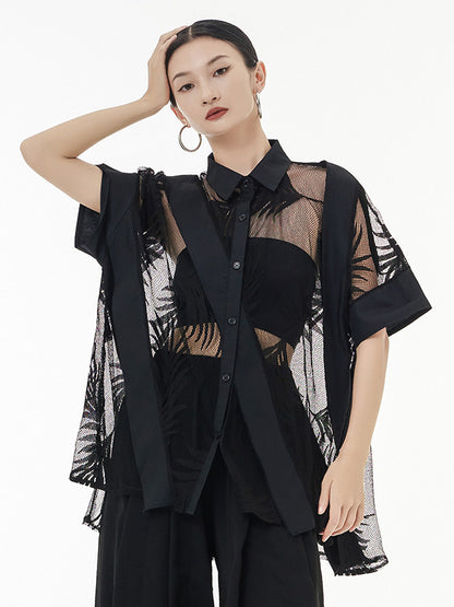 xakxx Stylish Loose Half Sleeves Buttoned Mesh Hollow See-Through Blouses&Shirts Tops