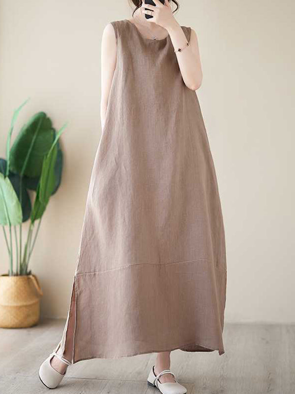 xakxx A-Line Loose Solid Color Round-Neck Midi Dresses