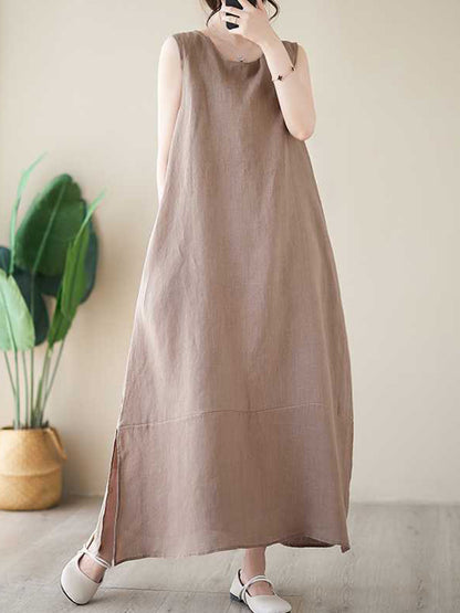 xakxx A-Line Loose Solid Color Round-Neck Midi Dresses