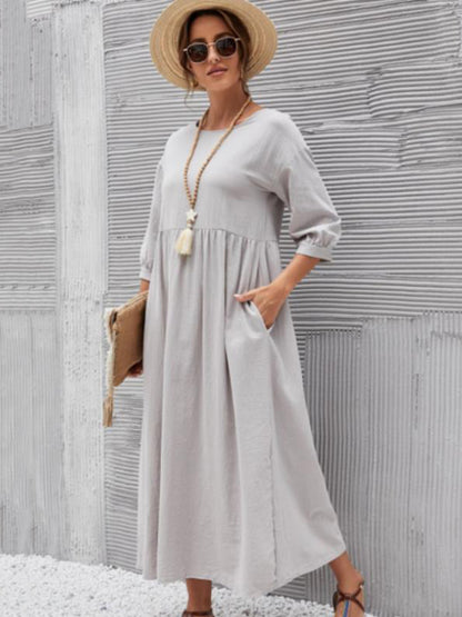 xakxx 11 Colors Simple Round-Neck Solid Color Midi Dress