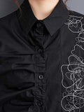 xakxx Irregularity Loose Buttoned Embroidered Pleated Lapel Collar Blouses&Shirts Tops
