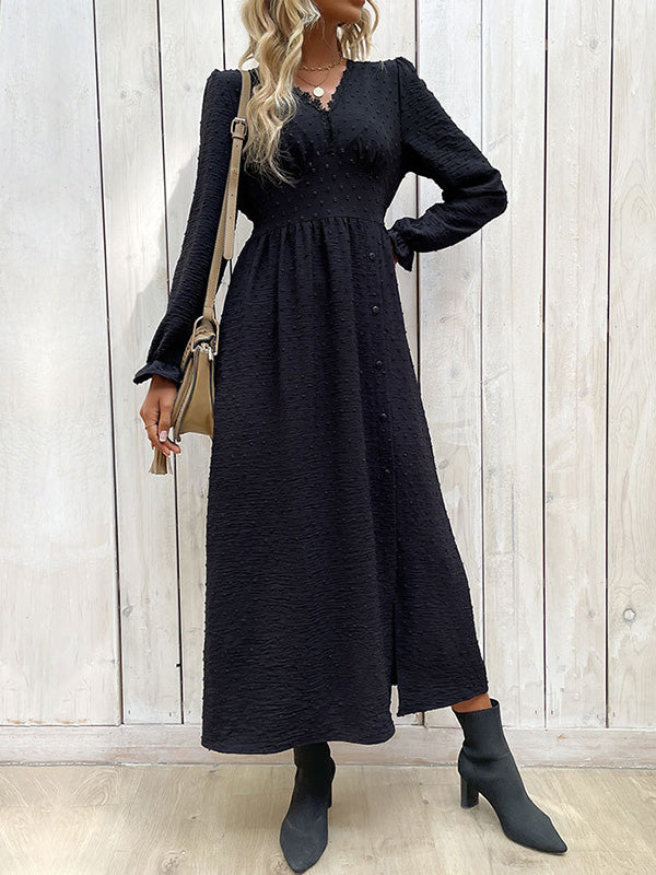 xakxx A-Line Long Sleeves Buttoned Elasticity Solid Color Split-Side V-Neck Midi Dresses