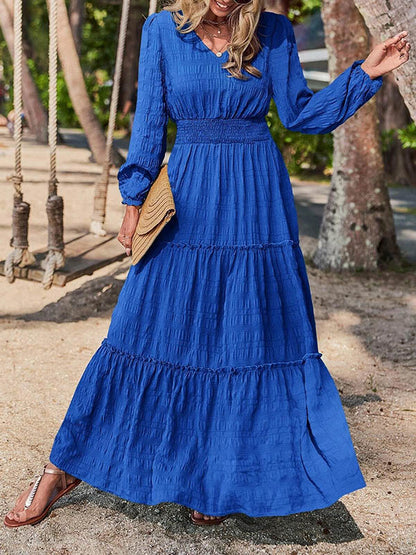 xakxx A-Line Long Sleeves Elasticity Solid Color Split-Joint V-Neck Maxi Dresses