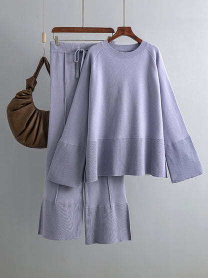 xakxx Casual Long Sleeves Loose Solid Color Round-Neck Sweater Tops & Wide Leg Pants Two Pieces Set