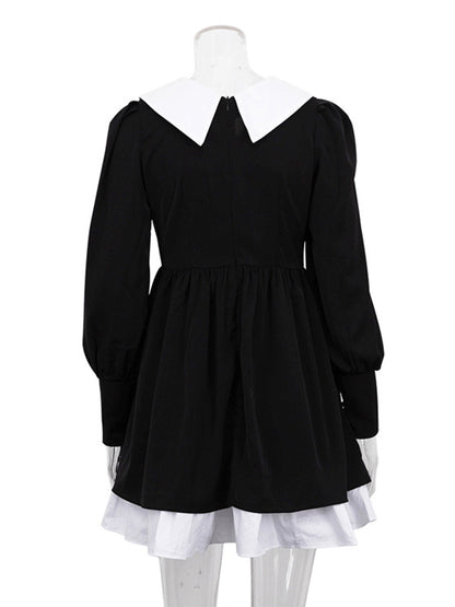 xakxx Long Sleeves Loose Contrast Color Pleated Tiered Peter Pan Collar Mini Dresses