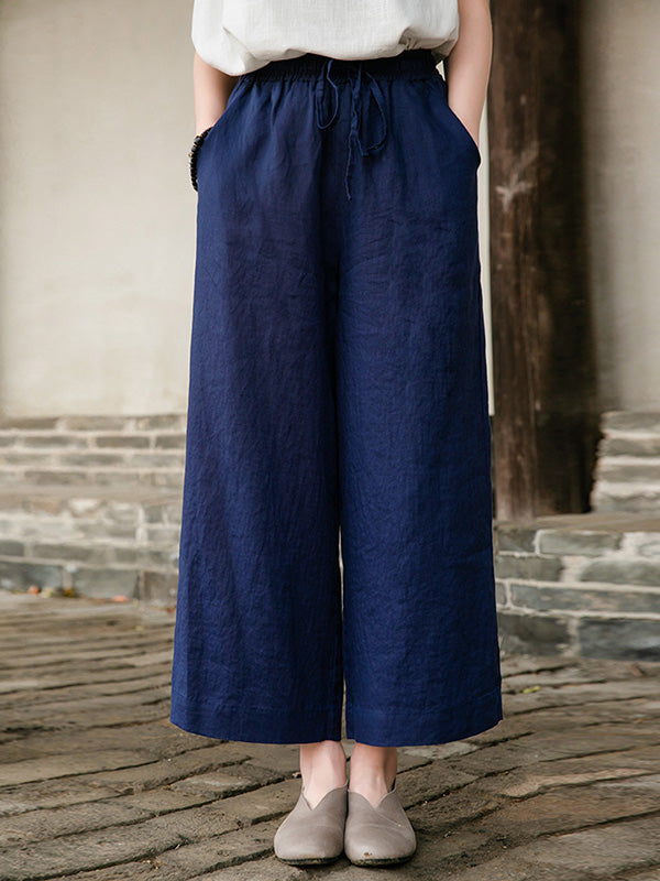 xakxx Simple Linen Column Elasticity Waist Pants