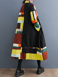 xakxx Long Sleeves Loose Color-Block Printed Split-Joint Lapel Midi Dresses