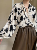 xakxx Casual Loose Puff Sleeves Printed V-Neck Blouses&Shirts Tops