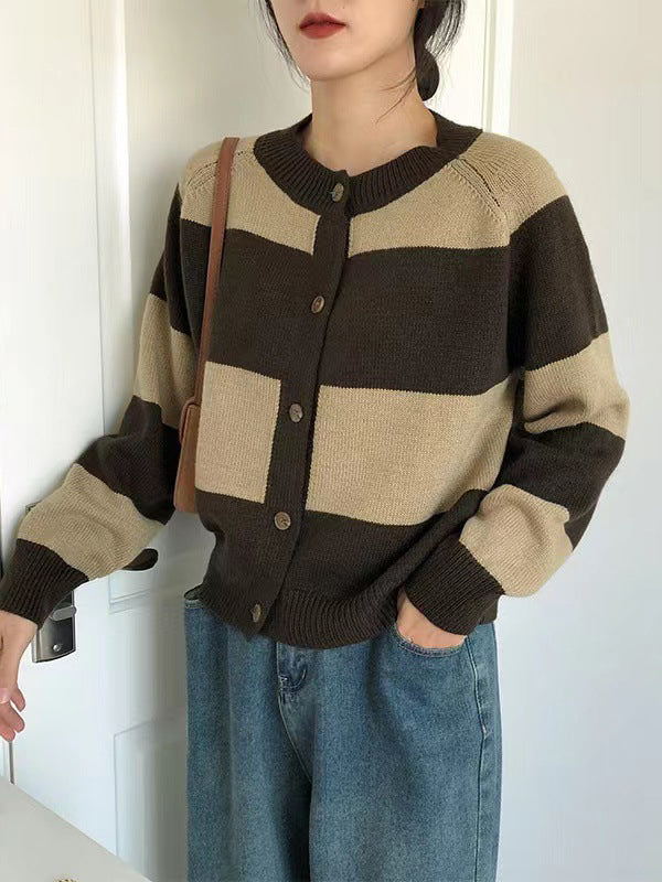 xakxx Casual Buttoned Contrast Color Striped Cardigan Tops