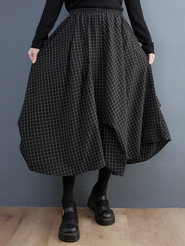 xakxx Loose Irregular Clipping Plaid Asymmetric Elasticity Skirts Bottoms