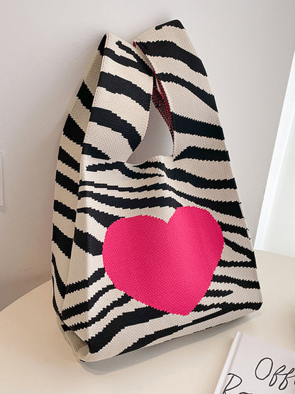 xakxx Heart Print Zebra-Stripe Bags Woven Handbag