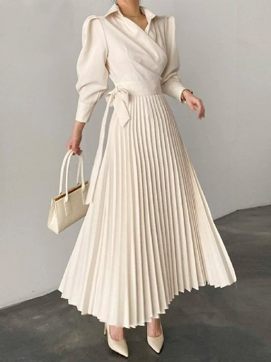 xakxx Office Pleated Asymmetric Solid Color Lapel Maxi Dresses