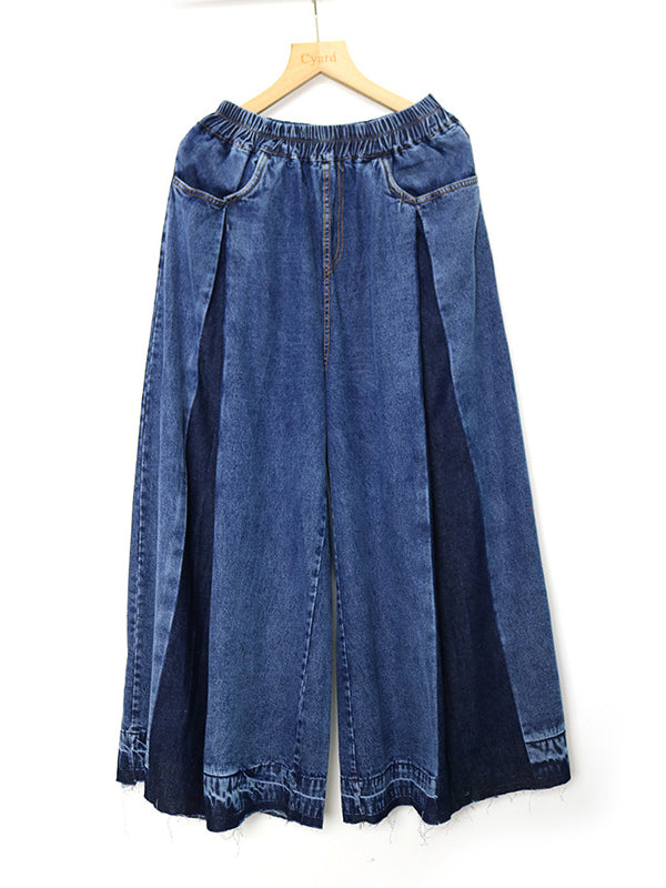 xakxx Loose Wide Leg Elasticity Fringed Pleated Jean Pants Bottoms