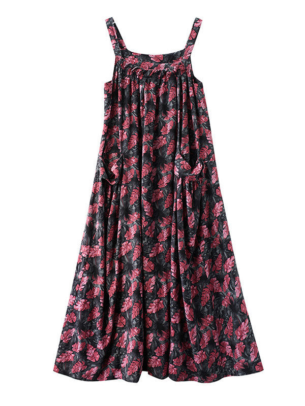 xakxx Artistic Retro Ramie Cotton Loose 3 Colors Floral Printed Square-Neck Sleeveless Strap Dress