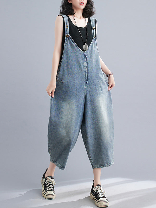 xakxx Cropped Loose Denim Buttoned Overalls