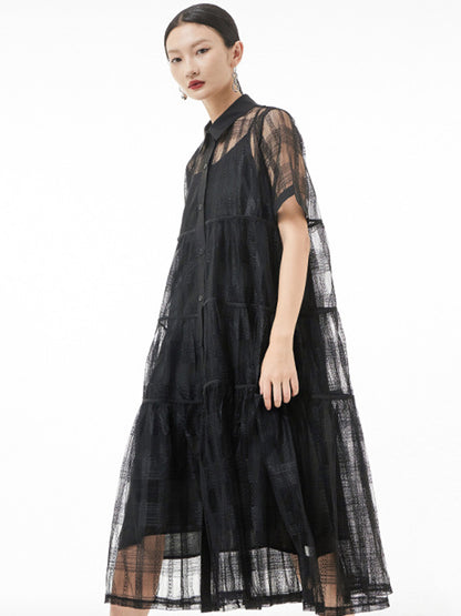 xakxx Original Solid Color Hollow See-Through Thin Midi Dress