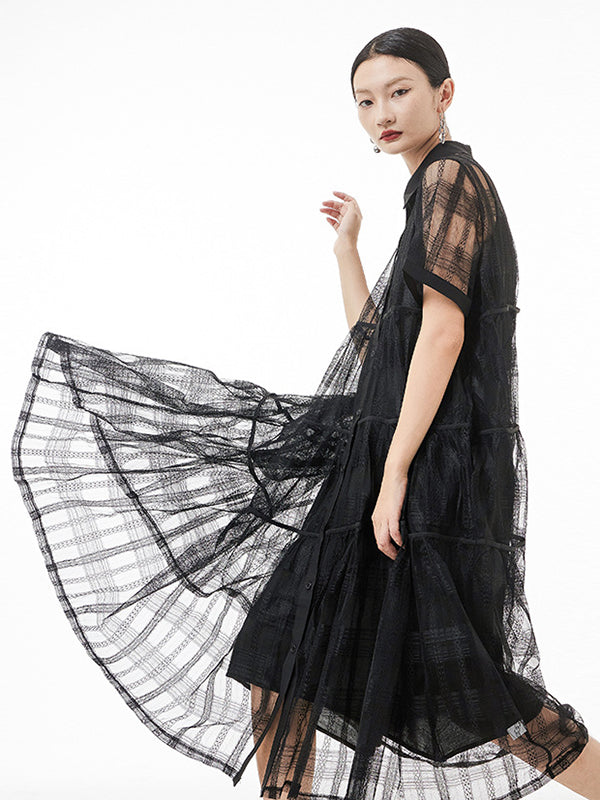 xakxx Original Solid Color Hollow See-Through Thin Midi Dress