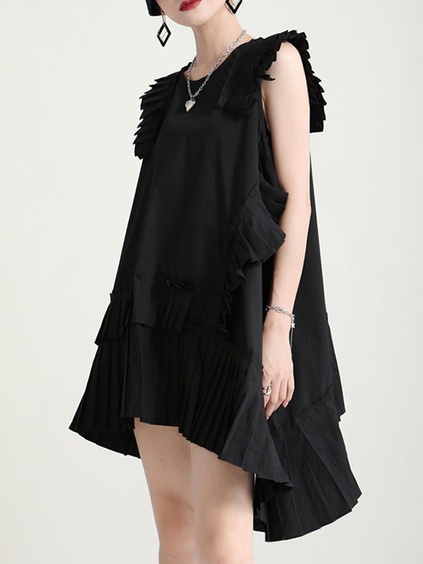 xakxx Flying Sleeves Loose Asymmetric Pleated Solid Color Split-Joint Round-Neck Midi Dresses