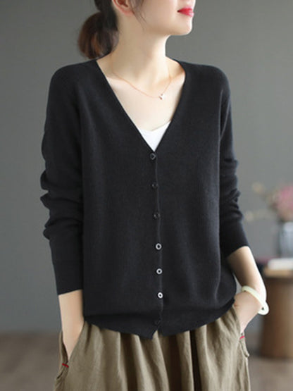 xakxx Long Sleeves Loose Solid Color V-Neck Cardigan Tops