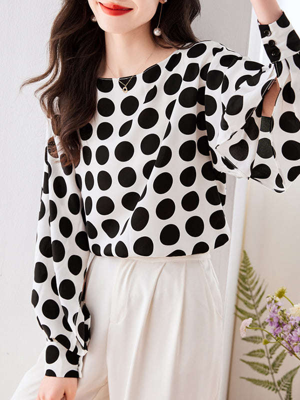 xakxx Long Sleeves Loose Polka-Dot Round-Neck Blouses&Shirts Tops