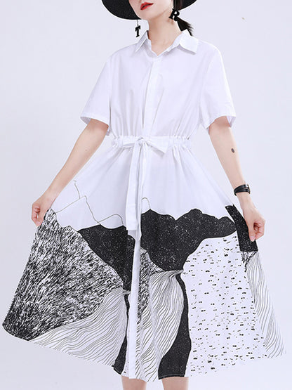 xakxx Loose Short Sleeves Contrast Color Drawstring Printed Tied Waist Lapel Midi Dresses Shirt Dress