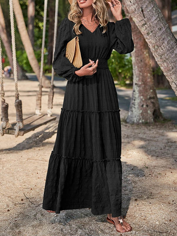 xakxx A-Line Long Sleeves Elasticity Solid Color Split-Joint V-Neck Maxi Dresses