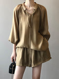 xakxx Loose Solid Color Split-Joint Sun Protection Tied V-Neck Long Sleeves Top + Shorts Two Pieces Set