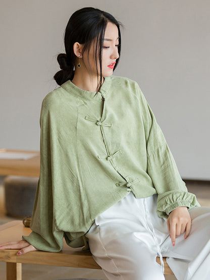 xakxx Artistic Retro Loose Long Sleeves Buttoned Solid Color Stand Collar Blouses&Shirts Tops