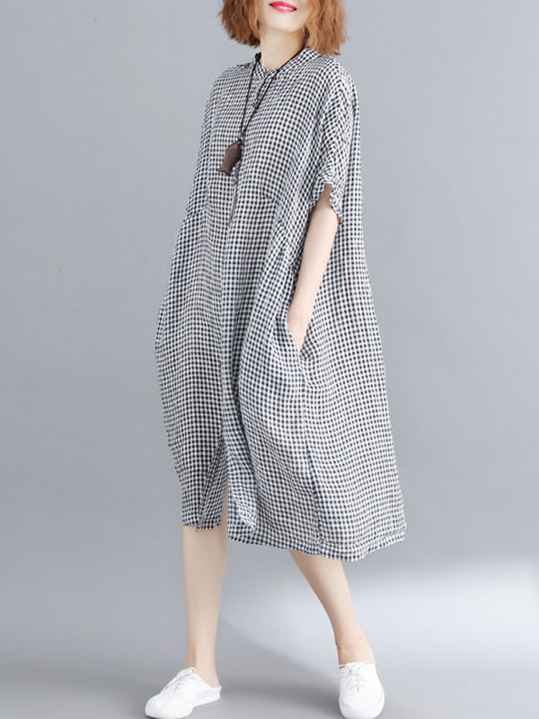 xakxx Artistic Retro Loose Split-Joint Plaid Buttoned Stand Collar Half Sleeves Midi Dress