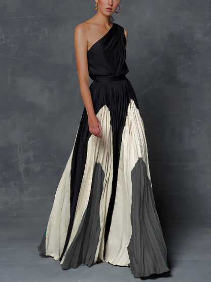 xakxx Sleeveless Asymmetric Pleated Printed One-Shoulder Maxi Dresses