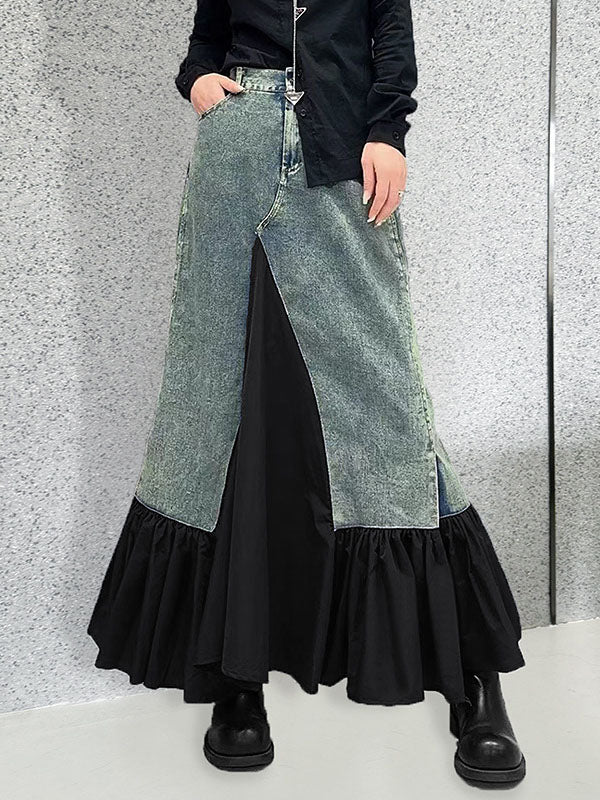 xakxx A-Line Loose Asymmetric Buttoned Pleated Pockets Split-Joint Skirts Bottoms