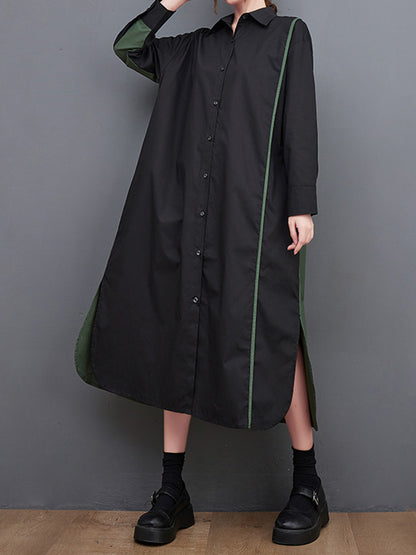 xakxx Long Sleeves Loose Asymmetric Buttoned Split-Joint Split-Side Lapel Midi Dresses Shirt Dress