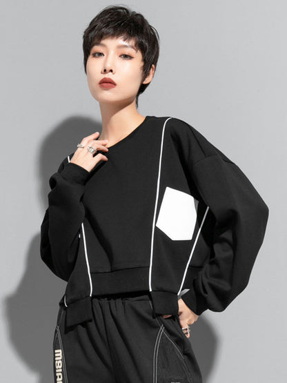 xakxx Original Creation Loose Batwing Sleeves Contrast Color Split-Joint Round-Neck Sweatshirt Tops