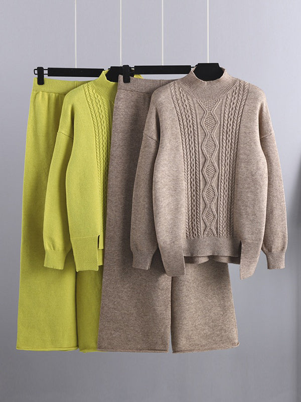 xakxx Urban Loose Split-Side Half Turtleneck Sweater Tops& Wide Leg Pants Two Pieces Set