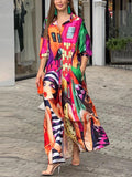 xakxx Half Sleeves Loose Figure Printed Lapel Collar Maxi Dresses