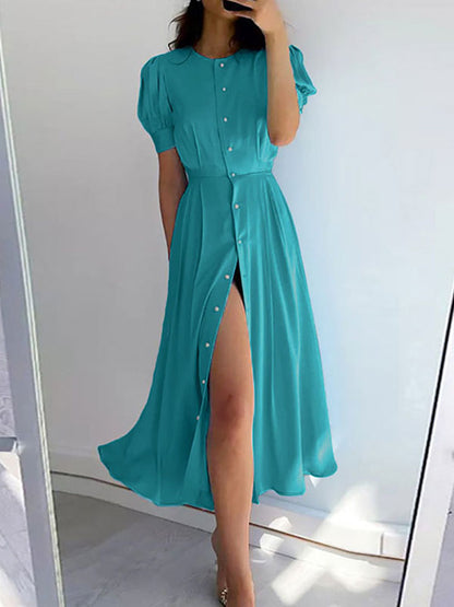 xakxx High Waisted Loose Buttoned Round-Neck Midi Dresses