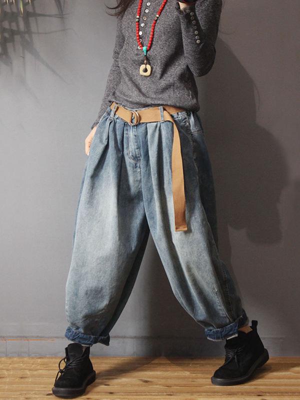 xakxx Vintage Denim Loose Elastic Waist Bloomers Pants