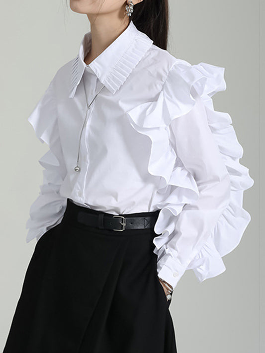 xakxx Long Sleeves Falbala Pleated Solid Color Lapel Blouses&Shirts Tops