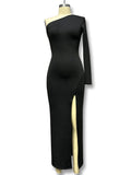 xakxx Bodycon High Waisted Asymmetric Solid Color Split-Side One-Shoulder Maxi Dresses
