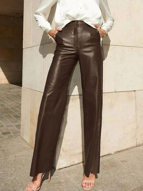 xakxx Skinny Leg Straight Leg High-Waisted Solid Color Split-Joint PU Pants Trousers