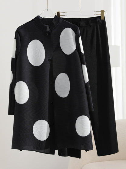 xakxx Long Sleeves Loose Pleated Polka Dot Stand Collar Two Pieces Set