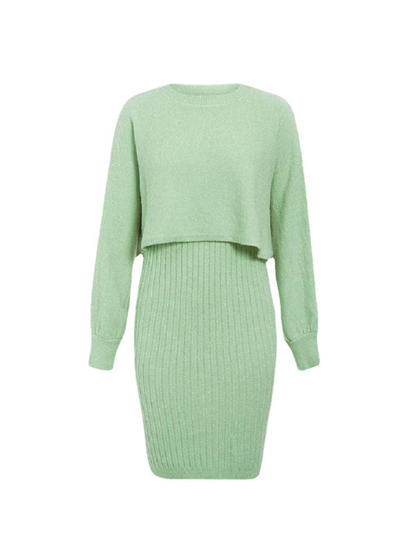 xakxx Long Sleeves Solid Color Round-Neck Sweater Top + Inner Dress Two Pieces Set