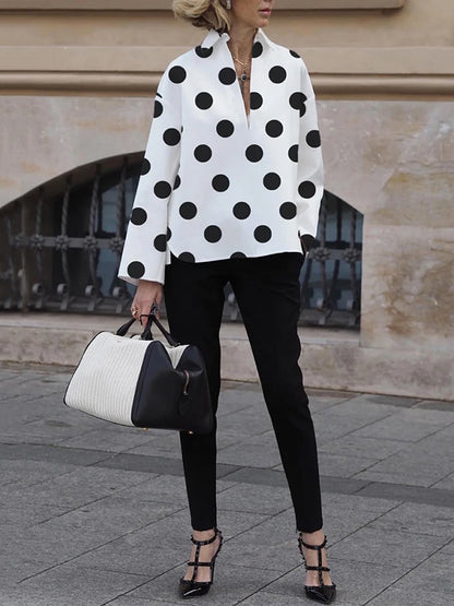 xakxx Long Sleeves Loose Polka-Dot Lapel Collar Blouses&Shirts Tops