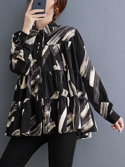 xakxx Long Sleeves Loose Pleated Printed Split-Joint Lapel Blouses