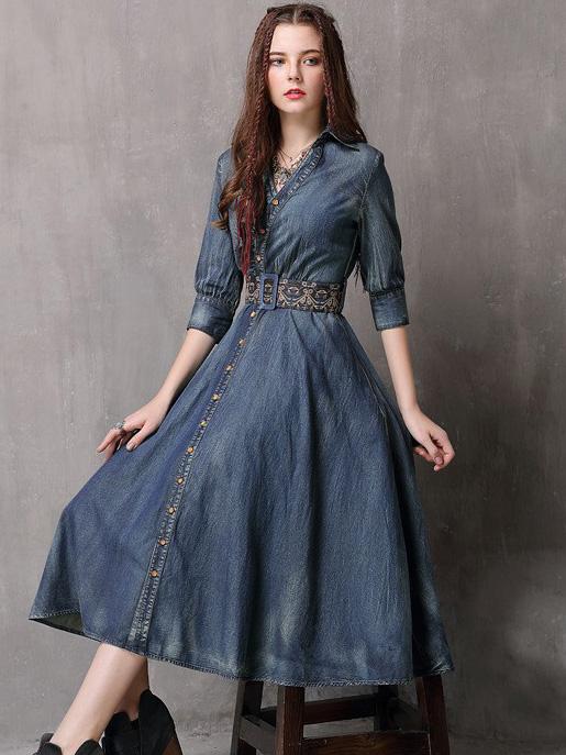 xakxx Vintage Embroidered Cropped Denim Dress