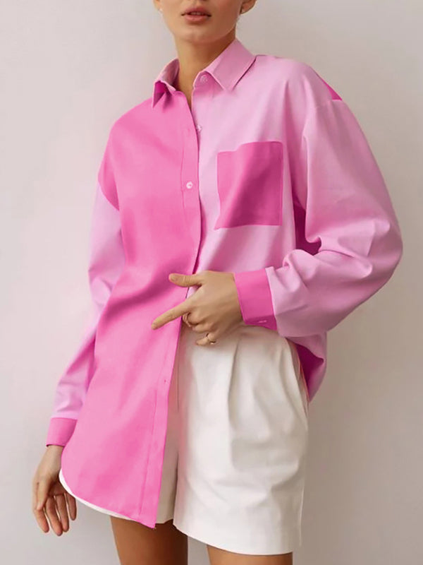 xakxx High-Low Long Sleeves Buttoned Contrast Color Pockets Split-Side Lapel Blouses&Shirts Tops