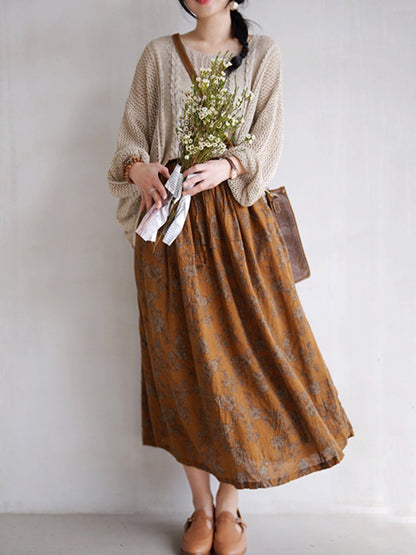 xakxx Vintage Loose Floral Printed A-Line Skirts Bottom