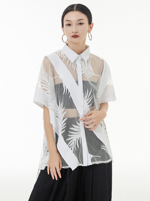 xakxx Stylish Loose Half Sleeves Buttoned Mesh Hollow See-Through Blouses&Shirts Tops